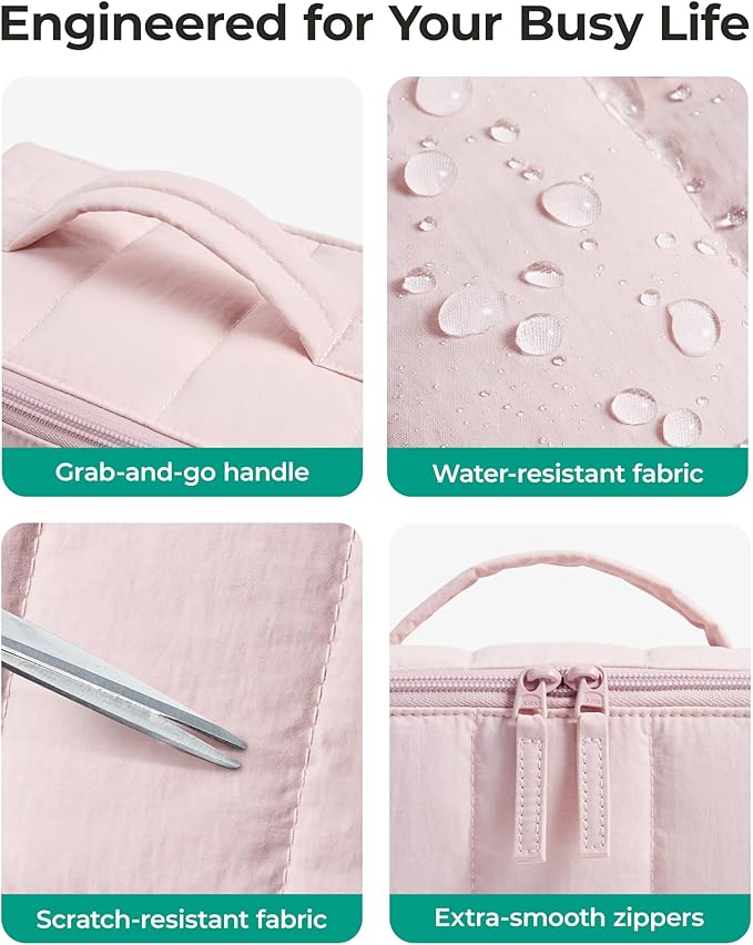 BAGSMART Travel Makeup Bag for Women, Portable Water-resistant Cosmetic Case, Puffy Padded Make Up Organizer Pouch, Open Flat Toiletry Bag for Toiletries, Brushes, Pink