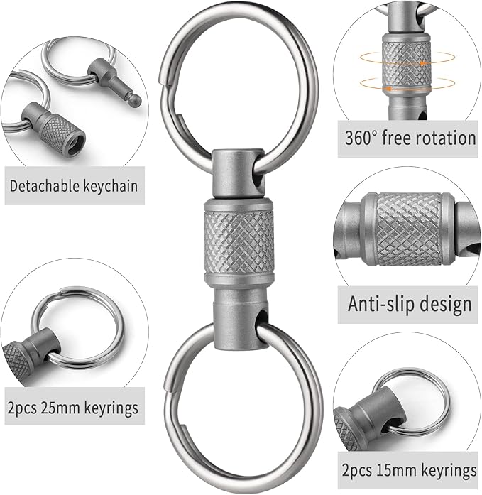 FEGVE Titanium Quick Release Swivel Keychain, Pull Apart Detachable Keychain Heavy Duty Car Key Holder with Key Rings