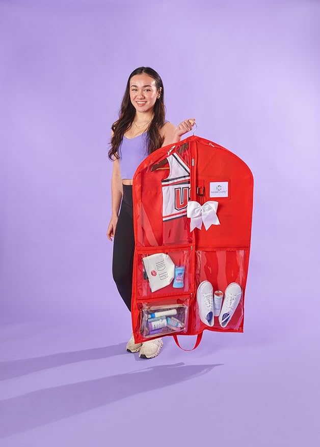 Enhanced Hanging Garment Bag with multiple clear Pockets, carrying straps, front and Side Zippers for Clothes, Dance Costumes, Cheer uniforms, and pageant dresses. (Candy Apple Red, 40 inch-2 pack)