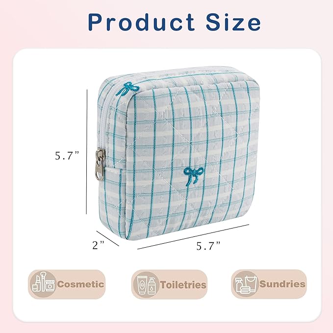 RSRSLEII Small Quilted Striped Cosmetic Pouch for Purse, Mini Cotton Makeup Bag with Compartments, Cute Zipper Lipstick Holder for Women (25 Blue Checkered Stripes)