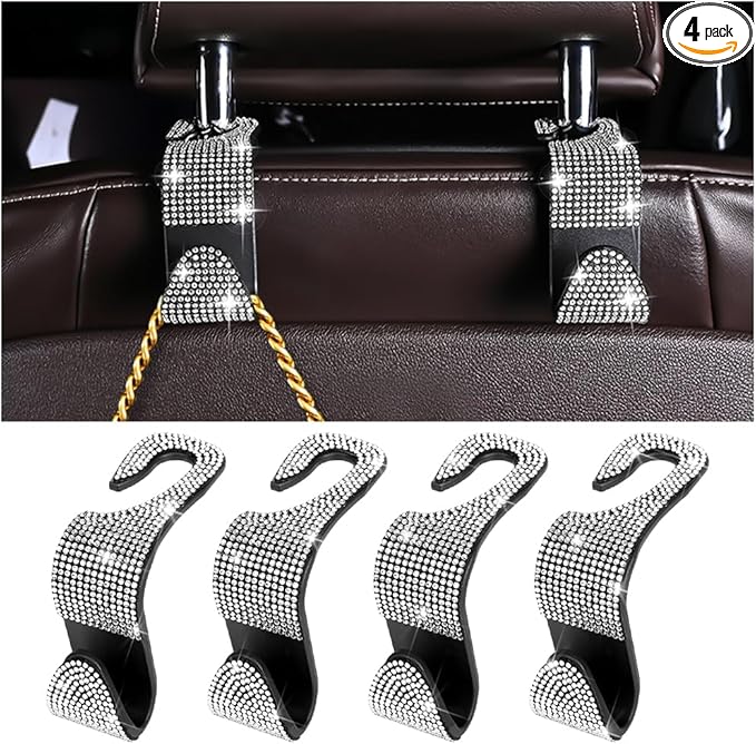Zpana 4PCS Bling Car Seat Headrest Hooks, Vehicle Back Seat Purse Handbag Hanging Holder with Crystal Rhinestone, Diamond Storage Organizer Hook, Universal Automotive Accessories (Black/White)