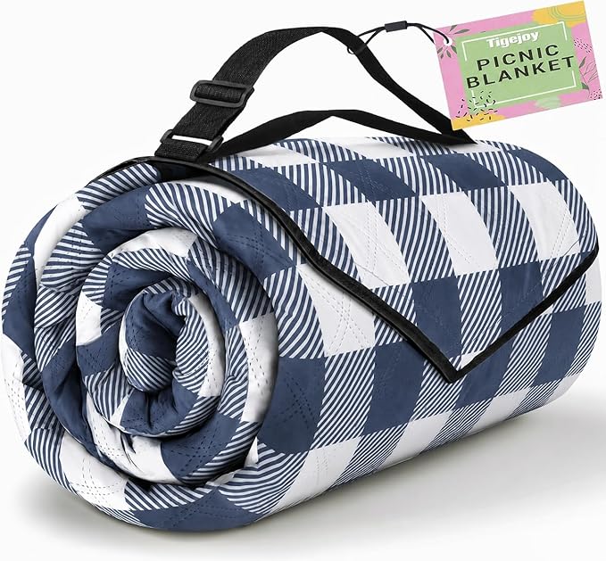 TigeJoy Extra Large Picnic Blanket Waterproof Foldable 60''x80'', Outdoor Picnic Mat Beach Blanket Sandproof for Park, Grass, Travel, Hiking, Camping Essentials, Gingham Picnic Blanket