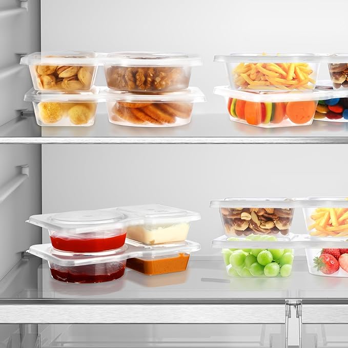 20 Pack 2 Compartment Snack Containers with Lids – Leak-Proof, Reusable Plastic Snack Packs for Adults, Divided Small Snack Containers for Lunch, Meal Prep, Dips, Salads