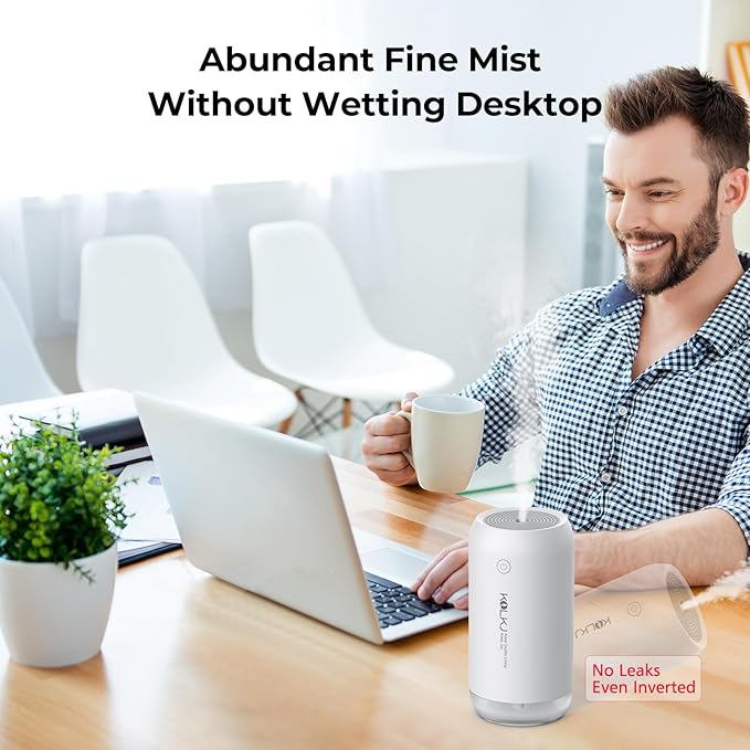 Portable Mini Humidifier, KQLKJ 350ml Small Cool Mist Humidifiers, USB Personal Desktop Humidifier for Bedroom Car Office Travel with Auto Shut-Off & 2 Mist Modes (White)