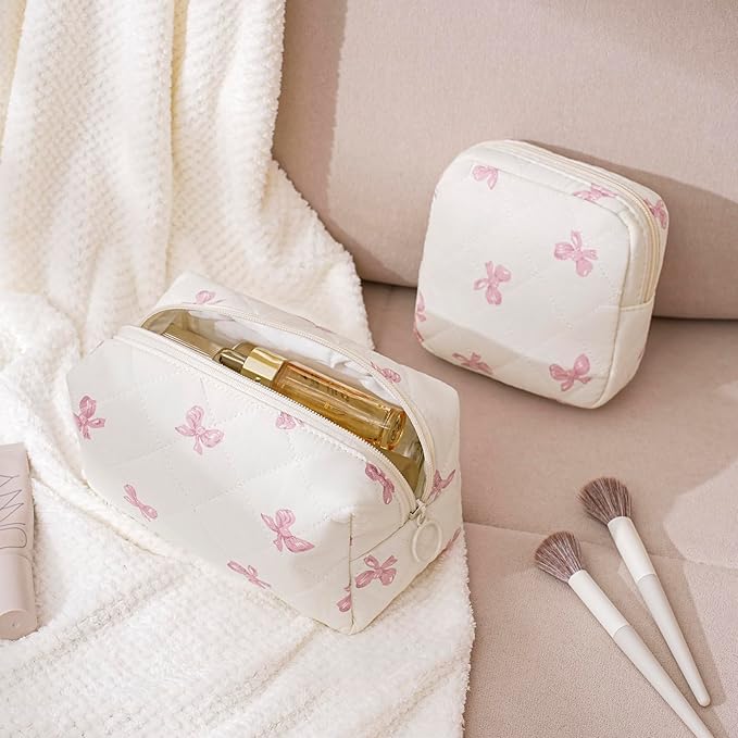 RSRSLEII 2 Pcs Quilted Cotton Makeup Bag Set, Small Aesthetic Cosmetic Bag with Bow Pattern, Cute Makeup Pouch for Purse, Kawaii Trendy Preppy Travel Toiletry Bag for Women and Girls(19 Pink Bow Set)