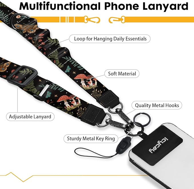 Icycay Phone Lanyard Crossbody, Butterfly Cell Phone Strap for Around The Neck Adjustable, Mushroom Flower Teacher Anti Theft Cute Lanyard for ID Holder Keys Accessories Travel Essential