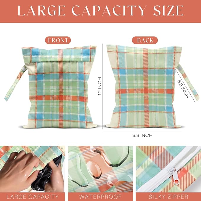 Plaid Tulip Print Wet Dry Bag, Reusable Washable Waterproof Wet Bag for Swimsuit Diaper Dirty Clothes, Set of 3, Portable Storage Pouch for Travel Beach Pool Gym Camping, Cute Flower Lover Gifts