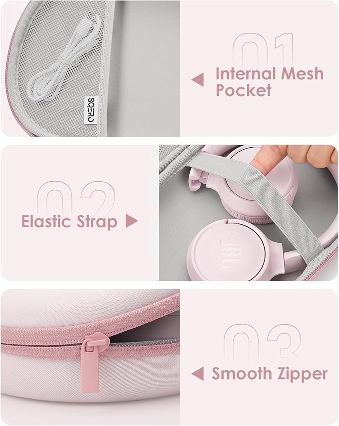 Headphone Case Hard Shell for JBL Tune 520BT/510BT/500BT/720BT/Bose/Soundcore Anker/BERIBES/KVIDIO/TOZO/JLab, Ultra-Slim Over-Ear Headset Universal Portable Travel Organizer Bag (Pink)