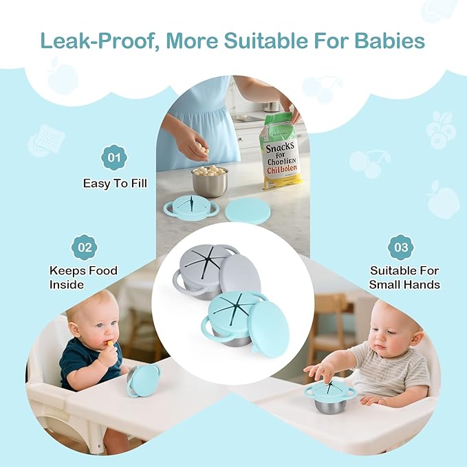 Daximo 2 Pack Snack Cups for Toddlers Spill Proof - Detachable Stainless Steel Toddler Snack Cups with Silicone Lids & Handles - Dishwasher Safe Snack Container(Light blue and Light grey)