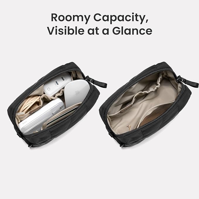 tomtoc Electronics Organizer Travel Case, Soft Puffy Organizer Bag Birthday Gifts Travel Essentials for Women Girls, Portable Accessory Tech Pouch Storage for Charger, Cord, Cable, Phone