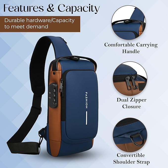 Unisex Anti-Theft Sling Bag with USB Port, Water-Resistant Crossbody Chest Backpack for Travel & Work