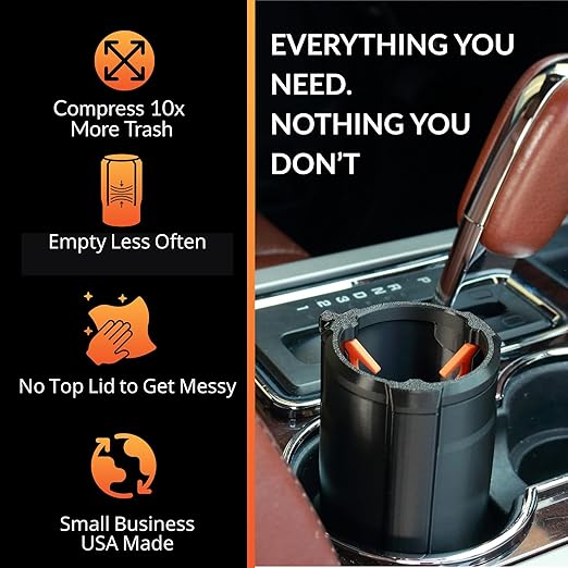 Trash Trapper Car Trash Can Cup Holder | Mini Car Trash Can | Fits in Most Doors | 5.1" x 2.9" | Traps More & Empties Less, Patent-Pending Compaction, Gifts for Men, Black