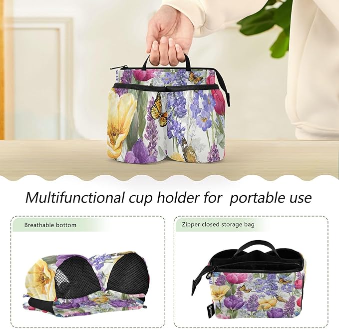 Luggage Cup Holder for Suitcases Free Hands Suitcase Cup Holder Travel Luggage Drink Holder Portable Luggage Cup Caddy Bag Carrier with Handle Tulips Lavenders Purple Butterfly