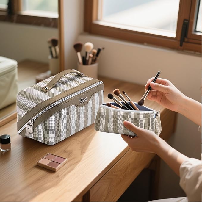 BOYATU Travel Makeup Bag Cosmetic Bag for Women: 3 Pcs Set Striped Make up Bag with Compartment - Waterproof Vegan Leather Toiletry Bag with Handle - Makeup Organizer for Travel Essential(A-6-Apricot)