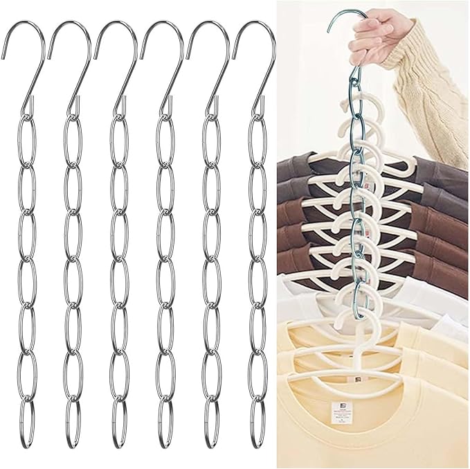 Space Saving Hanger for Clothes, 6 Pack, Travel Hangers, Closet Hangers and Hanging Organizer Metal Hanging Chains Hooks for Home RV Office, Small Space Solutions for College Dorm Essentials