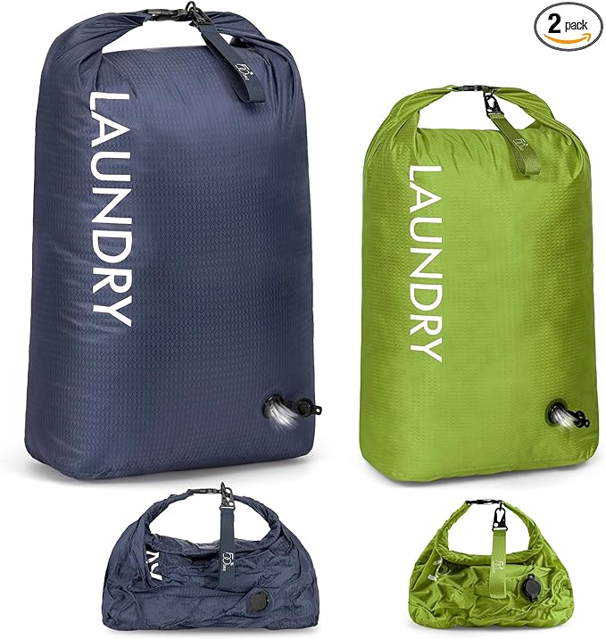 WiseBoy Travel Laundry Bag 2 Pack, Compression Laundry Bag for Dirty Clothes, Waterproof Wet Dry Bag, Pump-Free Space Saving Organizer for Suitcase Packing, Gym, Swim, Camping (Navy Blue & Green)