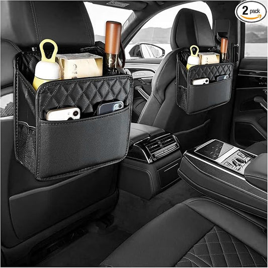 2 PCS Car Back Seat Organizer, Foldable Leather Backseat Hanging Storage Bag with Adjustable Strap, Multifunction Seat Back Organizer Large Capacity Storage Bag with Mesh Pocket