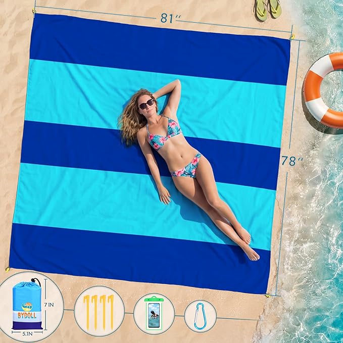 BYDOLL Beach Blanket Waterproof Sandproof Large Sand Free,78''X81''/10'X9' Oversized Sandless Lightweight Blanket Picnic Mat for Beach Travel Camping Hiking with Stakes