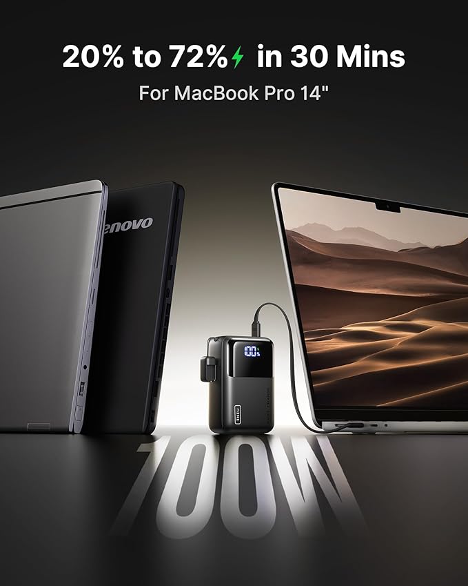 INIU 100W Fast Charging Power Bank, Smallest 25000mAh High Capacity Laptop Portable Charger, 3-Port Battery Phone Pack with Detachable USB C Cable for Flight-Safe Travel Student, Metallic Silver