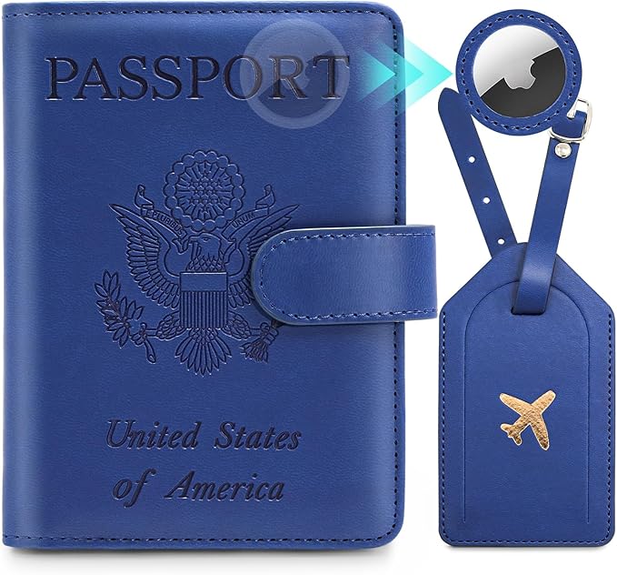 Passport Holder For Travel with Slot for AirTag & Luggage Tag Cover – RFID Blocking Travel Passport Wallet for Women/Men/Family | PU Leather Passport Case with Extra Money Pocket, Blue