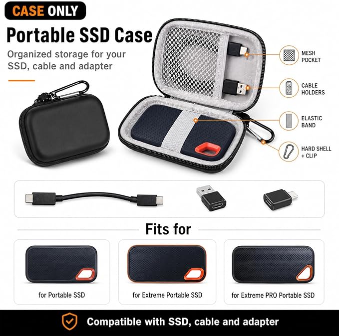PAIYULE SSD Case for SanDisk Extreme Portable SSD Old & New Model and Extreme PRO, Hard Shell Protective Storage Bag, Fits 1TB 2TB 4TB 8TB External Solid State Drive for Business Travel (Black)