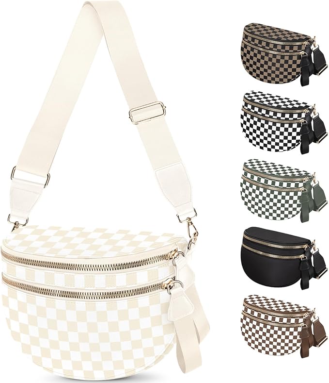 Spacious Nylon Checkered Crossbody Bum Bag for Women, Fashion Checkerboard Fanny Pack Purse with Anti-theft Pocket, Adjustable Wider Strap Wasit Bag (Beige)