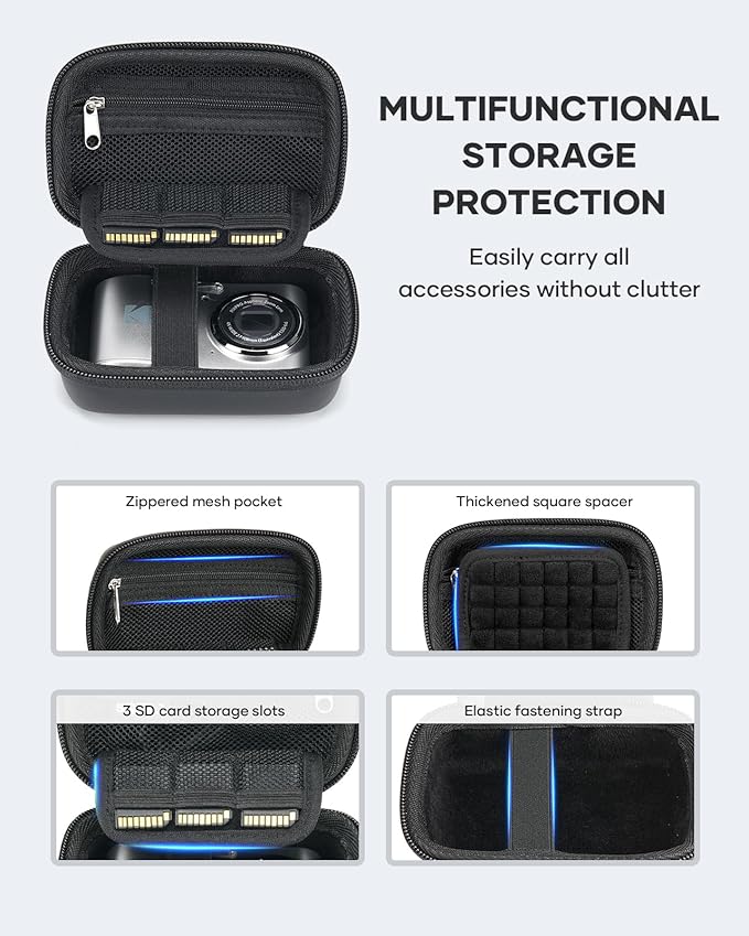 Camera Case Fit for Digital Camera KODAK PIXPRO FZ45-BK/FZ55, CAMKORY DC403, STUOGYUM DC402-AF, Travel Compact Case with 3 SD Card Slots & Mesh Pocket for Accessories, Black