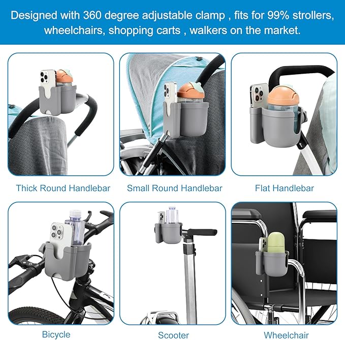 Accmor Stroller Cup Holder with Phone Holder, Bike Cup Holder, Universal Cup Holder for Uppababy Nuna Doona Strollers, 2-in-1 Cup Holder for Walker, Wheelchair, Scooter