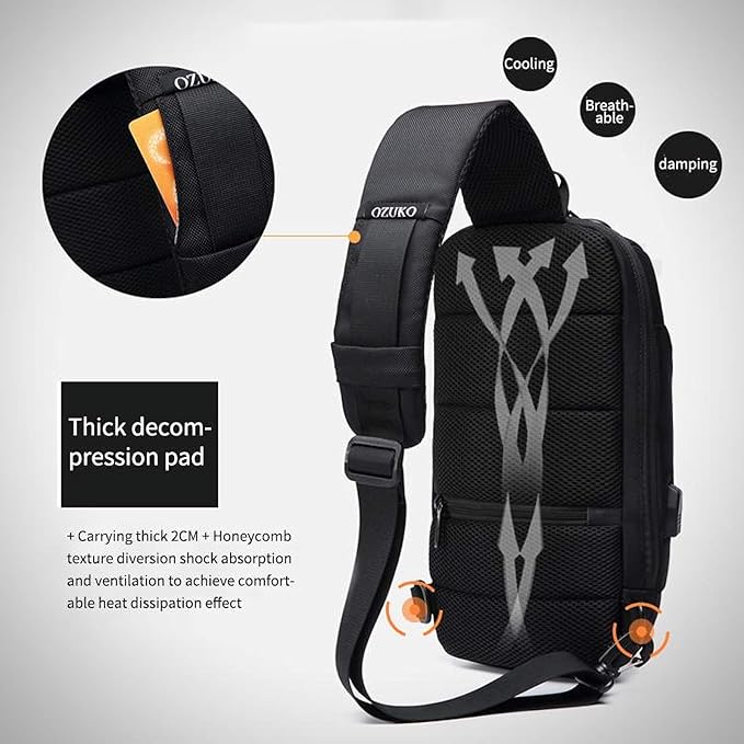 OZUKO Men Sling Backpack Nylon Water Resistant Shoulder Chest Crossbody Sling Bag with USB Charging Port Black (Dark Gray)