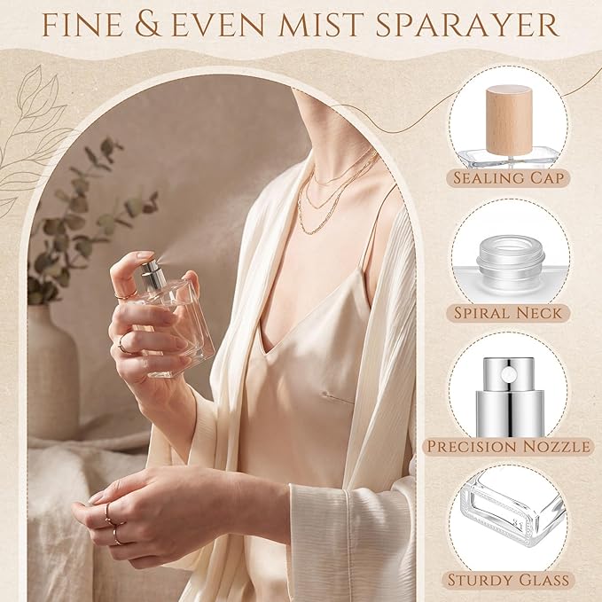 Domensi 15 Pcs 10/15/30/50 ml Glass Perfume Bottles Mini Glass Empty Spray Atomizer Bottles Bulk Refillable Perfume Dispenser Container with Pump Tool for Travel Skin Care (50 ml,Light Woddy Color)