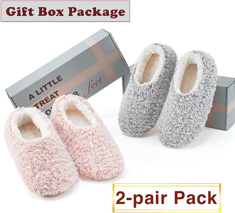 cosyone1997 2-Pair Slippers for Women Indoor Non Slip Soft Sole Plush Sherpa Lined Cozy Comfortable House Slippers