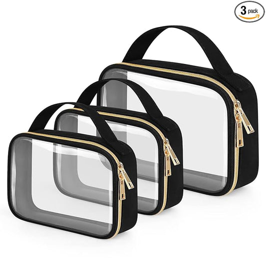 Wedama Clear Toiletry Bag, 3 Pack Clear Makeup Bags with Handles, PVC Cosmetic Bags for Women and Men, Large Opening Toiletry Bags, Black