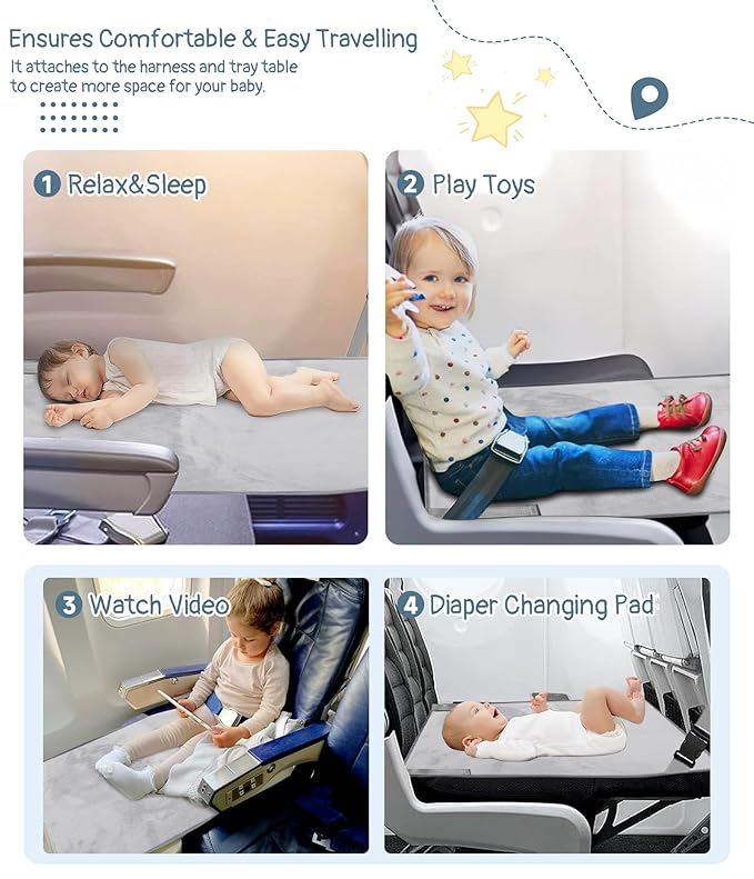 Toddler Airplane Bed, Airplane Seat Extender Travel Bed for Kids, Baby Travel Essentials for Flying, Portable Plane Footrest for Kids, Toddler Must Haves for Flights Grey