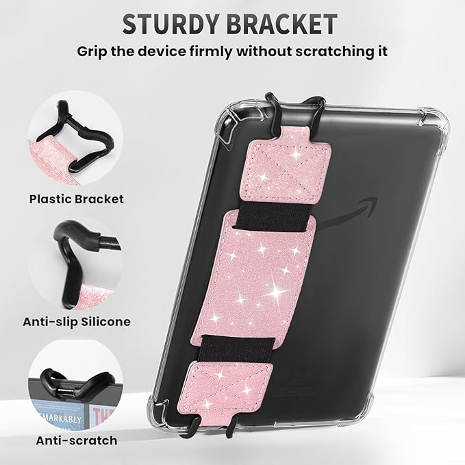 MoKo 2 Pack Security Hand Strap for 6-8" Kindle eReaders Fire Tablet-Kindle/Kobo/Voyaga/Lenovo/Sony E-Book Tablet,High-Elasticity Versatile Hand Strap Lightweight Finger Grip Holder, Shiny Pink White