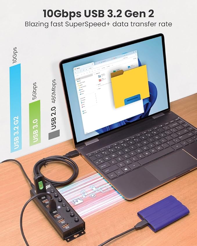USBGear 7 Port USB 3.2 Hub – 10Gbps 48W Charging Hub with Individual On/Off USB Ports for Laptop, PC, Desktop, 12V/4A Power Adapter with Type-A to Type-B Cable (3ft), Computer Accessories