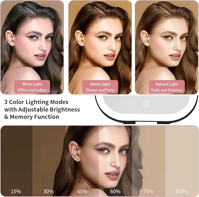 DESCHEN Rechargeable Travel Makeup Vanity Mirror with Lights and Magnification, 7" Portable 1X/10X Magnifying Mirror with 4 Color Light, Lighted Makeup Mirror with Magnification, Folding LED - Black