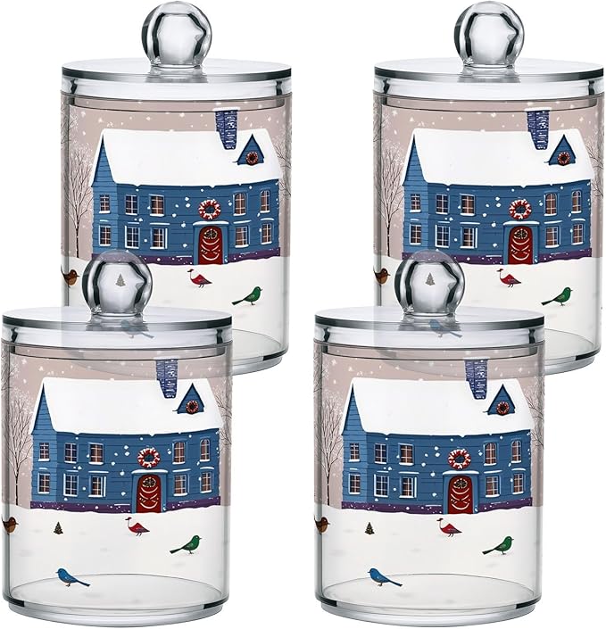 Gredecor Christmas Winter Qtip Holder Dispenser 2 Pack Snowmen Snow Courtyard with Trees Bathroom Decorative Storage Canister Holder Counter Vanity Organizer for Cotton Ball Swabs Pads Floss