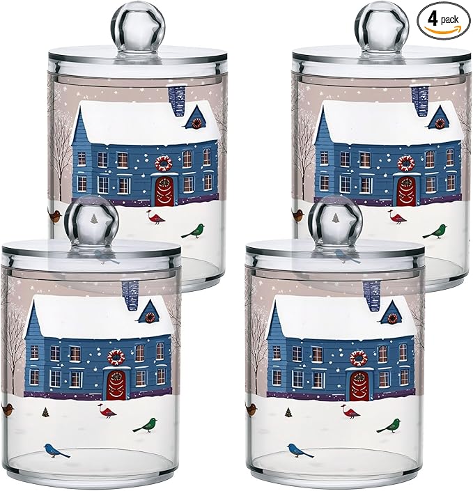 Christmas Winter Qtip Holder Dispenser 4 Pack Snowmen Snow Courtyard with Trees Apothecary Jars with Lids Bathroom Vanity Countertop Canister Storage Organizer for Cotton Ball,Swabs,Pads,Floss