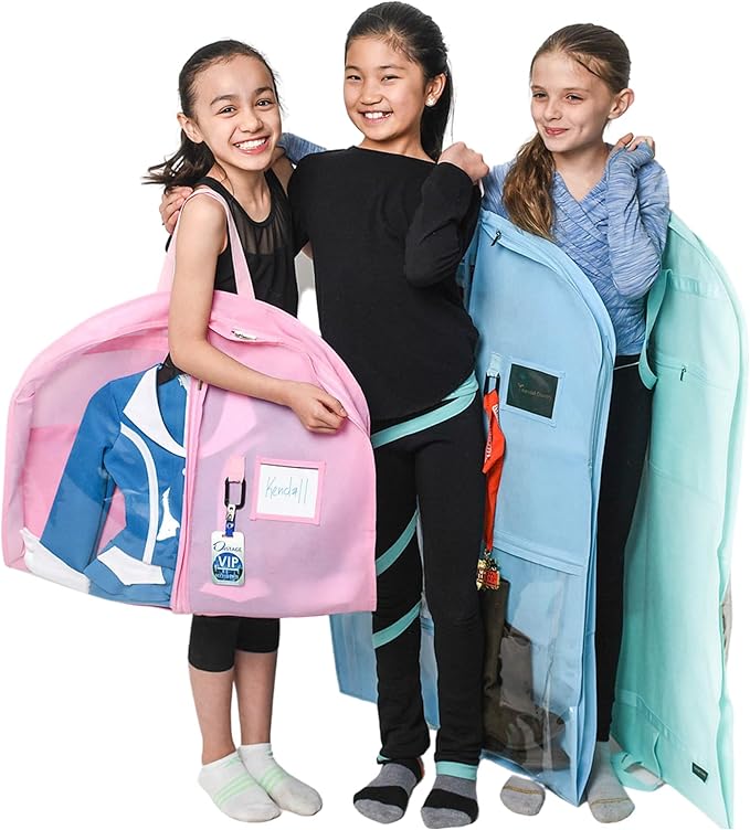 Waterproof Hanging Garment Bag 40 inch Clothes Bag with Gusset, 5 Pockets & Side Zip for Dance Costumes, Sports, Skating, Theatre, Beauty Pageants, Cheer & More by Kendall Country, Sky Blue