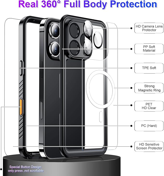 Compatible with iPhone 16 Pro Case Waterproof, Compatible with MagSafe Built-in Screen & Camera Protector IP68 Underwater Full Body 16FT Military Dropproof Shockproof Phone Case 6.3"-Black