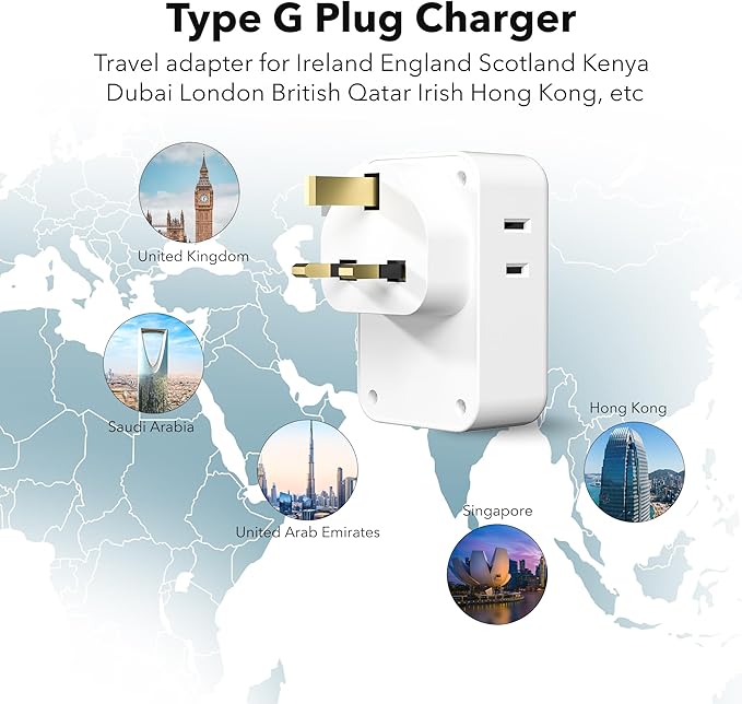 BN-LINK US to UK Plug Adapter, Type G Plug Travel Adapter with 4 AC Outlets and 3 USB Ports (1 USB C), UK Power Adapter for USA to Ireland England Dubai London Scotland British Kenya Hong Kong