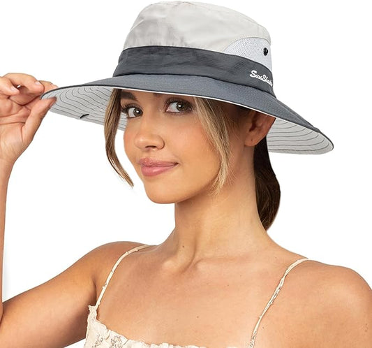 Sun Hat for Women Summer UV Protection Beach Hat Wide Brim Mesh Bucket Fishing Hat with Ponytail Hole Foldable Packable Hat