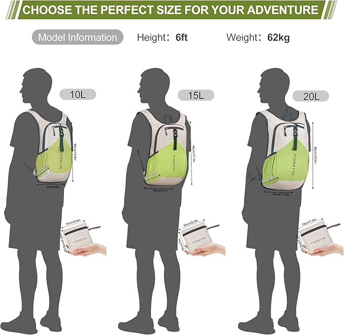 FIORETTO 10L Hiking Backpack for Women Men Mini Packable Backpack Lightweight Small Daypack for Camping Travel Outdoor, Beige and Green