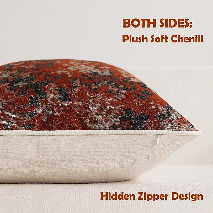 DEZENE Pack of 2 Vintage Floral Throw Pillow Covers 20x20 Boho Farmhouse Accents Chenille Square Decorative Pillow Cases for Living Room Couch Bed Home Decor, Rust