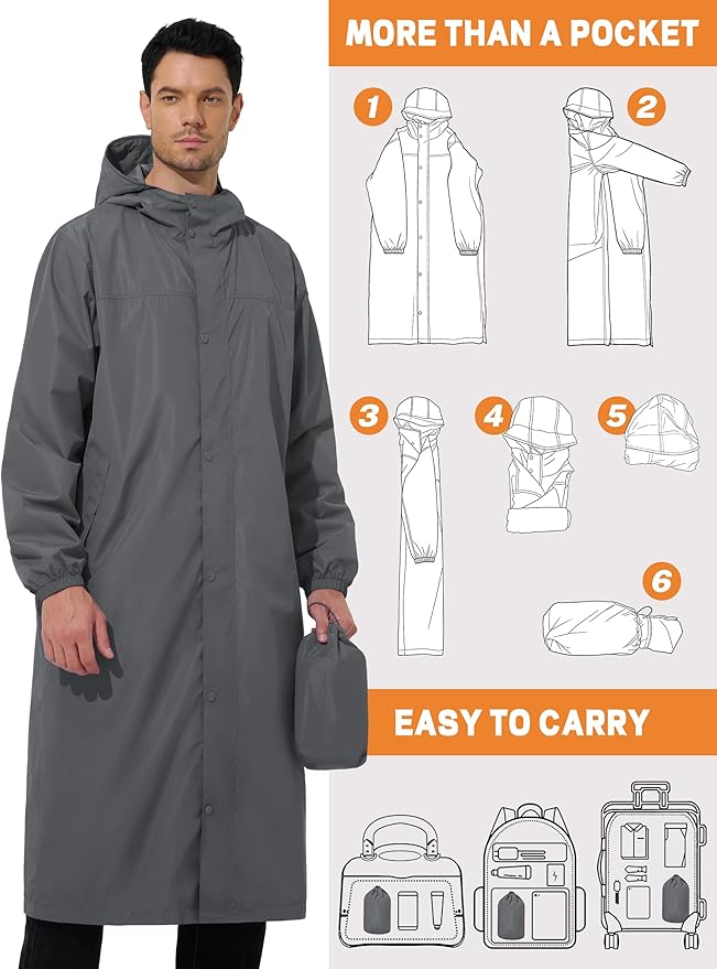 UIQUR Men's Rain Jacket Lightweight Long Raincoat Hood Rain Poncho Waterproof Windbreaker Cycling Running Hiking Packable