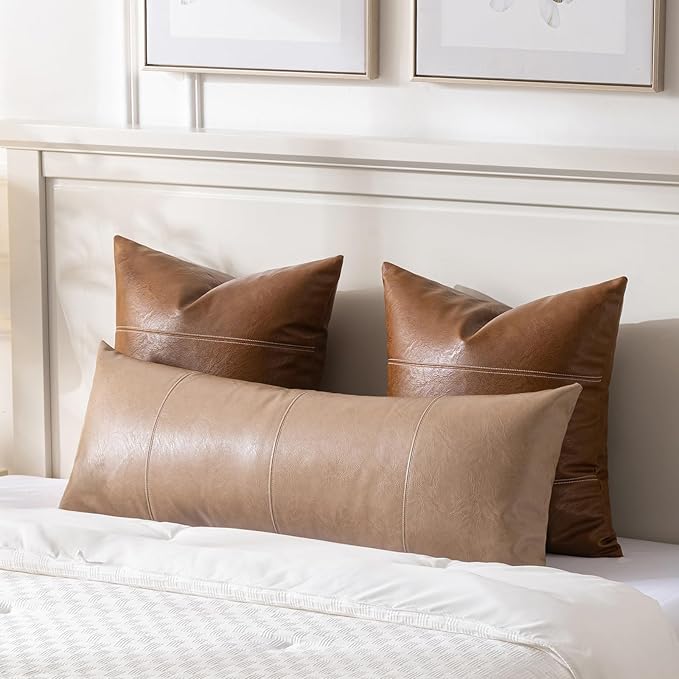 Fancy Homi Tan Long Lumbar Waterproof Faux Leather Body Decorative Throw Pillow Cover 14x36 Inch for Bedroom Couch Bed Bench, Beige Hand Stitched Cushion Case, Taupe Modern Farmhouse Room Decor