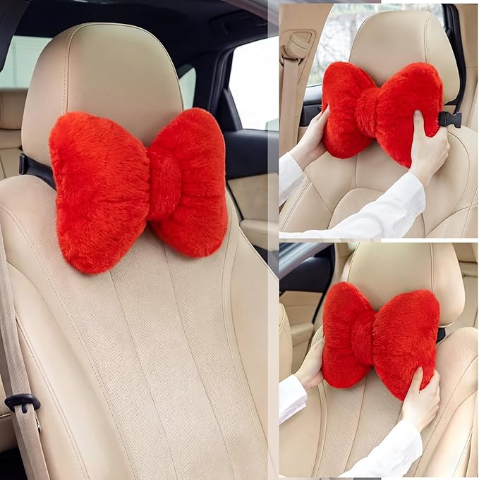 Macarrie 2 Pcs Car Neck Pillow Velvet Bow Headrest Pillow Soft Comfortable Seat Neck Support Cute Bow Car Accessories for Driving Travel Driver Chair Girl Style Interior Decor(Solid,Red)