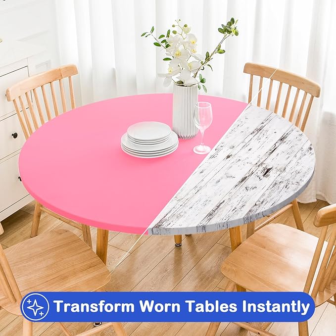 Wolkemer 2 Pack 5 Foot Pink Fitted Tablecloth 60 Inch Round Elastic Edges Table Cloth, Spandex Stretch Table Cover with Machine Washable Fabric for Wedding Party Picnic Dining Indoor Outdoor