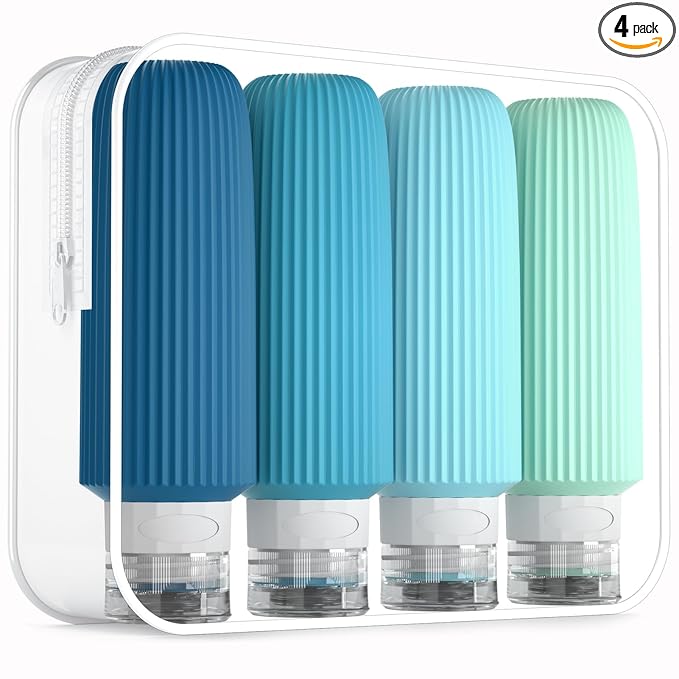 Mrsdry Travel Bottles for Toiletries, Large 6oz Travel Size Containers, BPA Free Leak Proof Tubs Refillable Liquid Accessories with Toiletry Bag for Cometic Shampoo and Lotion Soap (4 Pack)