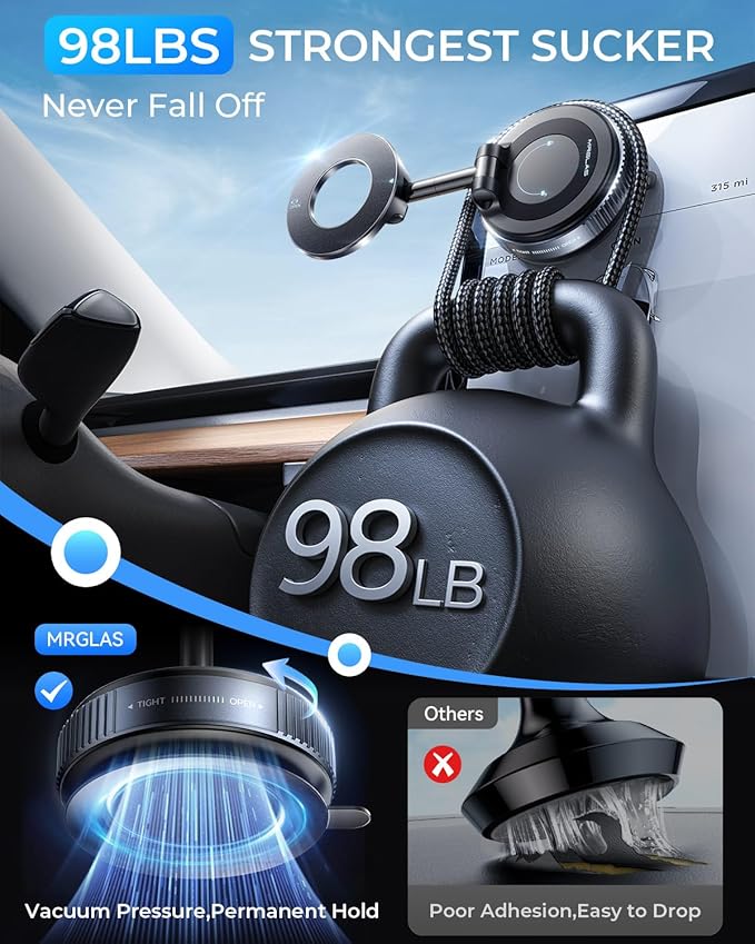 MRGLAS 2026 Upgraded for MagSafe Vacuum Car Phone Mount, Ultra Strong Magnetic Phone Holders for Your Car, 360° Adjustable Suction Cup Car Mount, for iPhone 12–17 Pro Max, Car & Truck Accessories